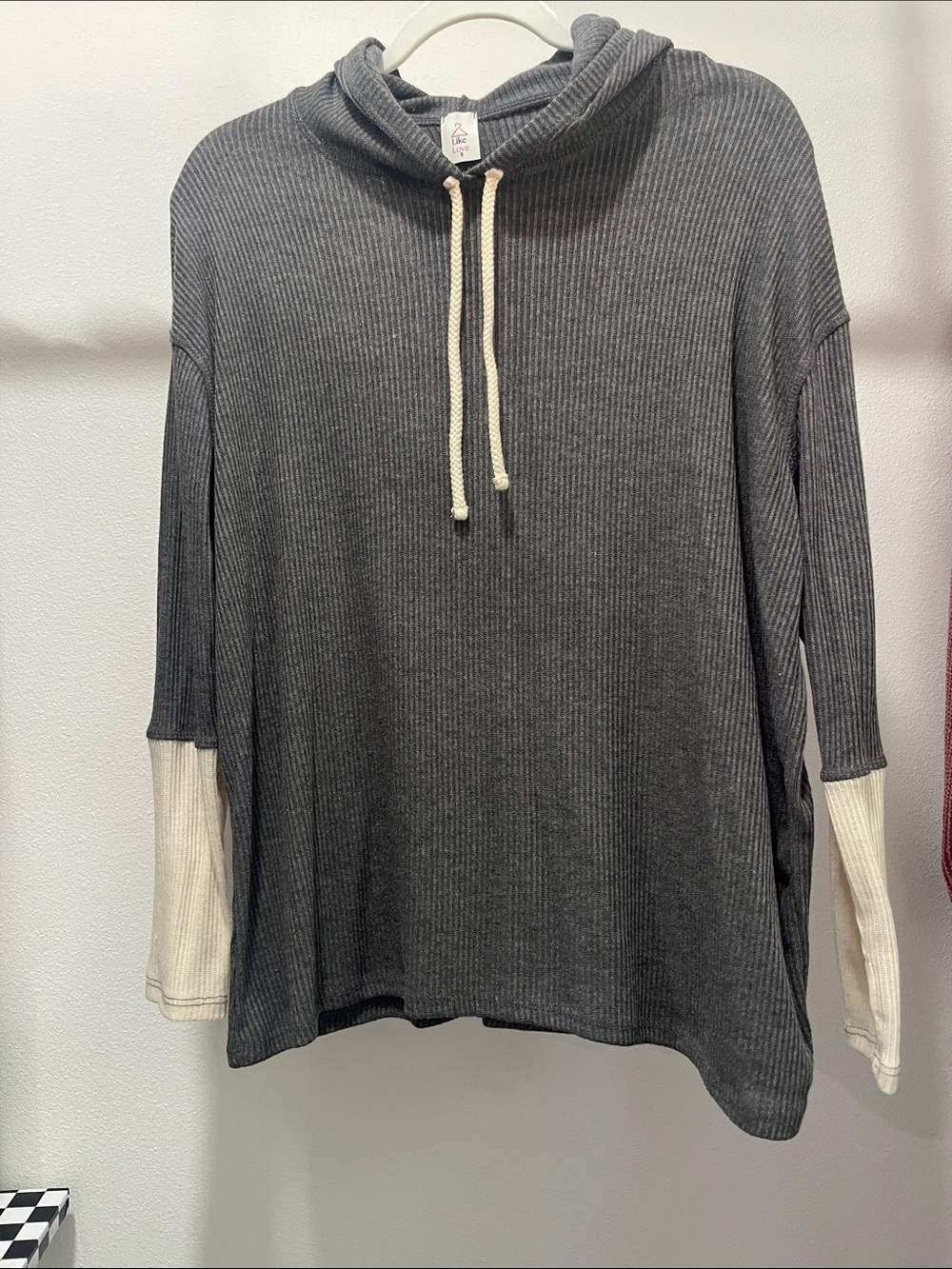 Cozy Ribbed Hooded Pullover - Gray with Cream Accents